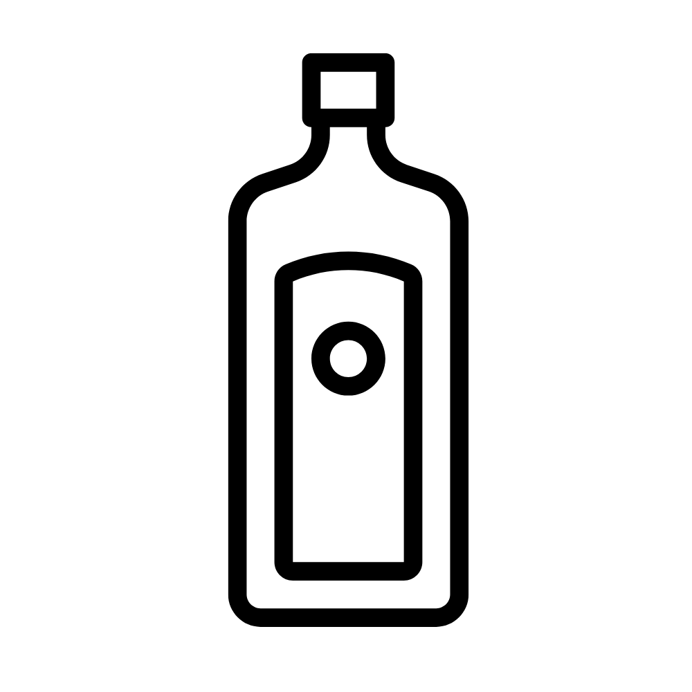 Outline drawing of a bottle with a label and a cap.