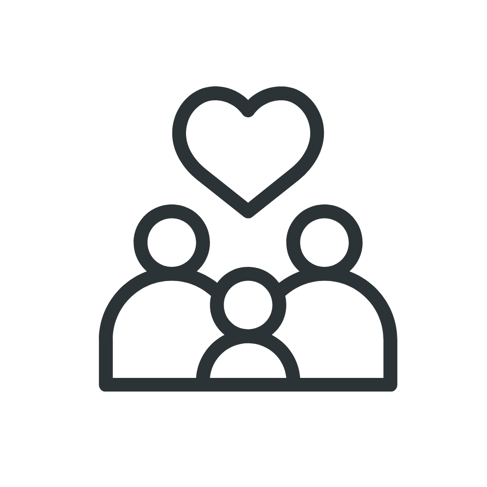 Outline icon of three people with a heart above them, representing love or care for a community or group.