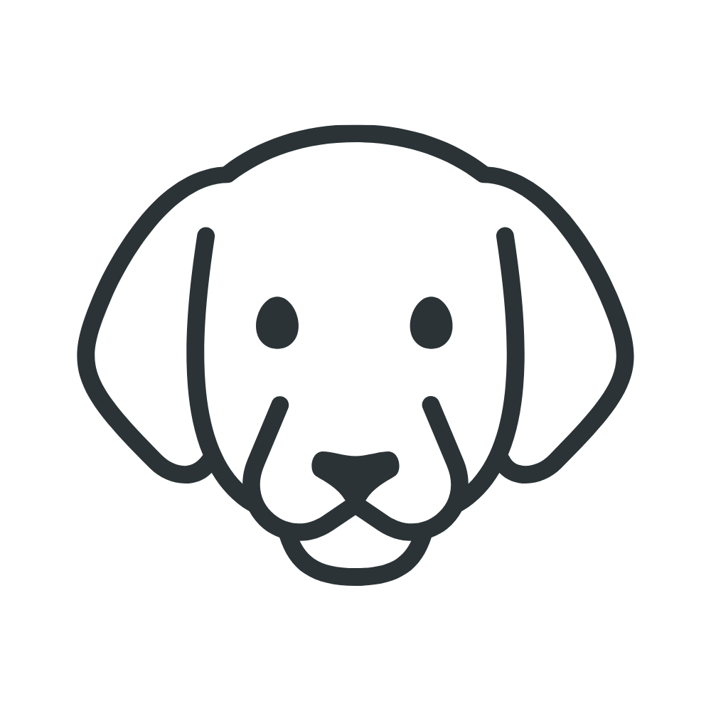 Simple line drawing of a dog's face with floppy ears.
