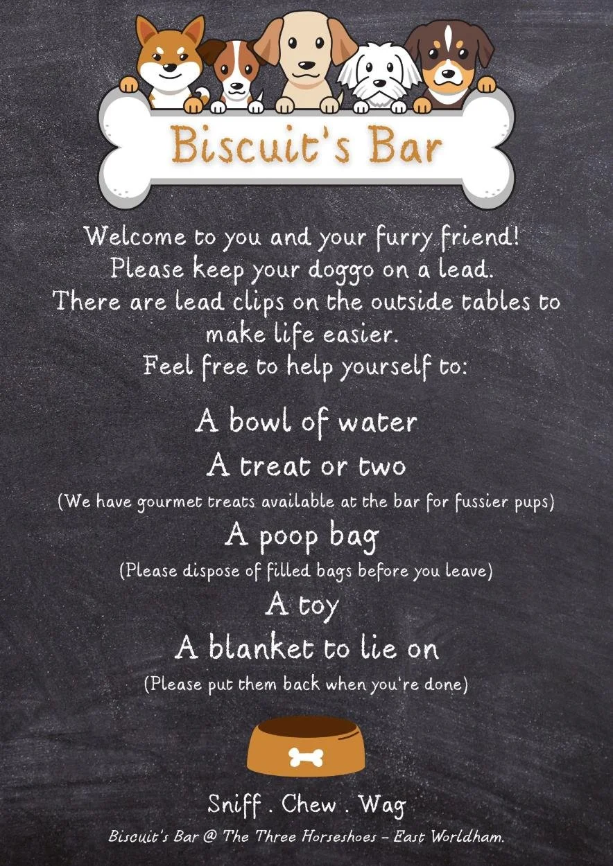 Sign for Biscuit's Bar with illustrations of five cartoon dogs at the top and a dog bowl illustration at the bottom. The sign contains instructions for dog owners with a list of items to help their dogs feel comfortable, including water, treats, a poopy bag, a toy, and a blanket.