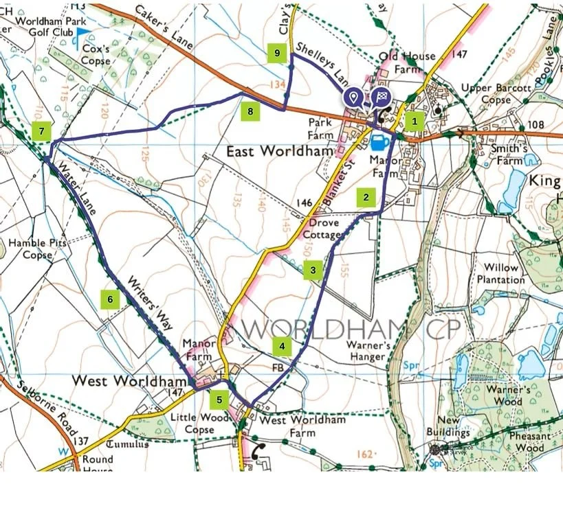 Map of East and West Worldham showing walking trails, roads, farms, and landmarks, with numbered points of interest from 1 to 9.