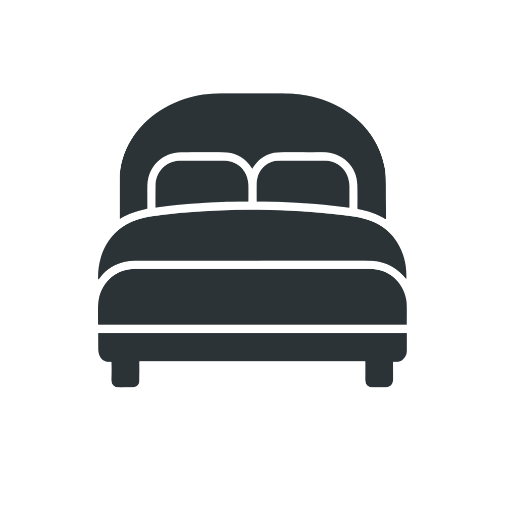 Simple icon of a bed with pillows in gray color on a black background.