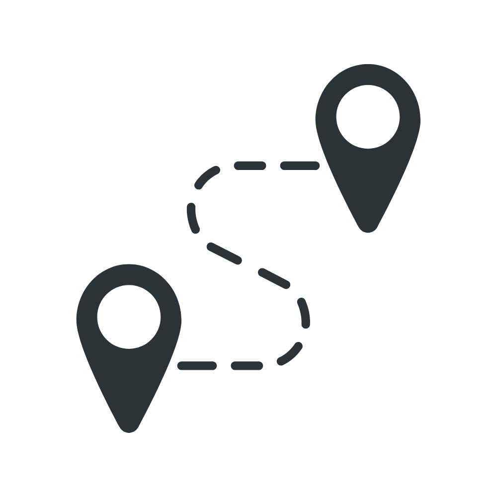 Icon of a dashed line connecting two map pins representing a route or path.