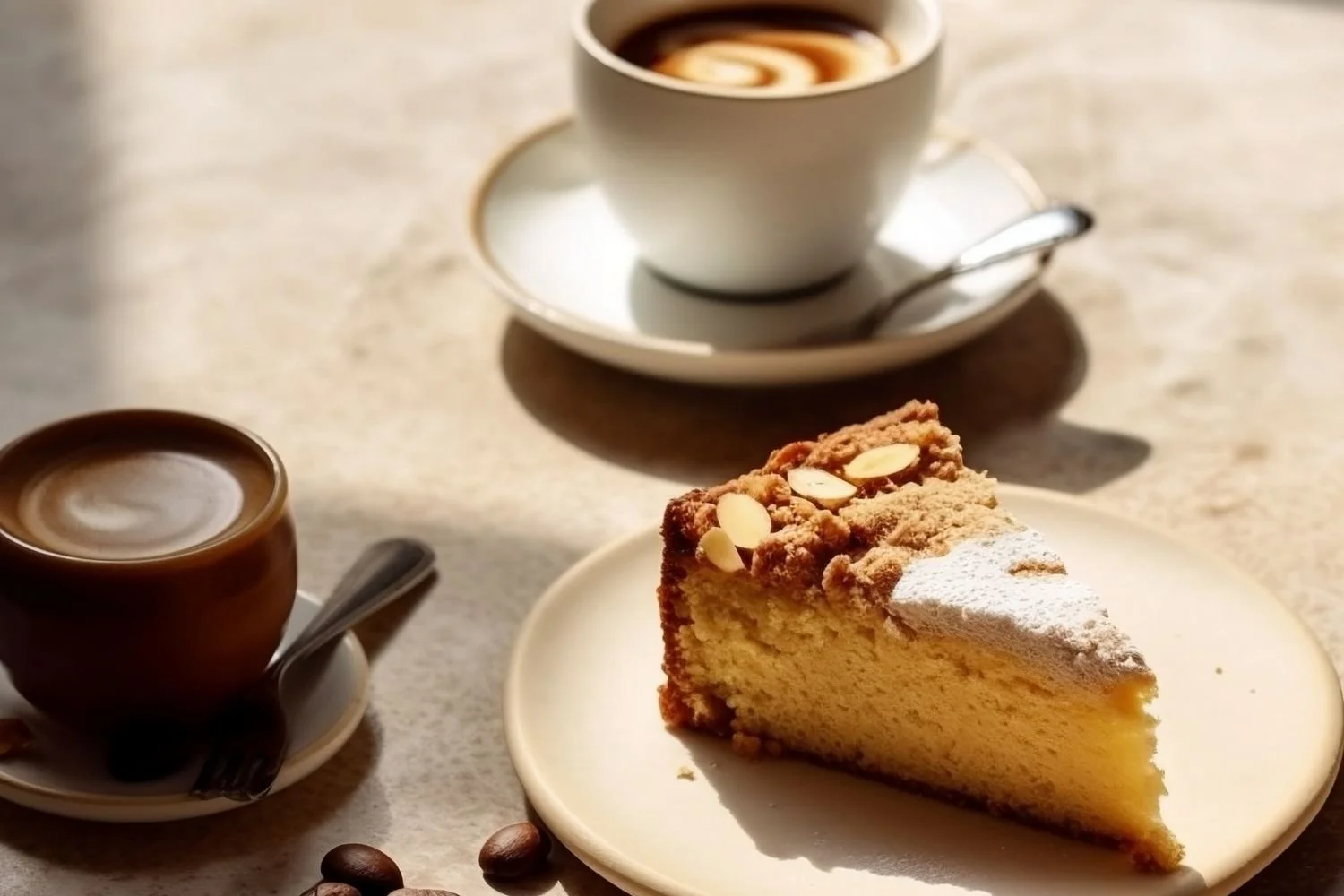 A slice of vanilla cake with almond slices on top, dusted with powdered sugar, served on a white plate. Two cups of coffee, one with latte art, are on saucers with spoons. Coffee beans are scattered on the table.