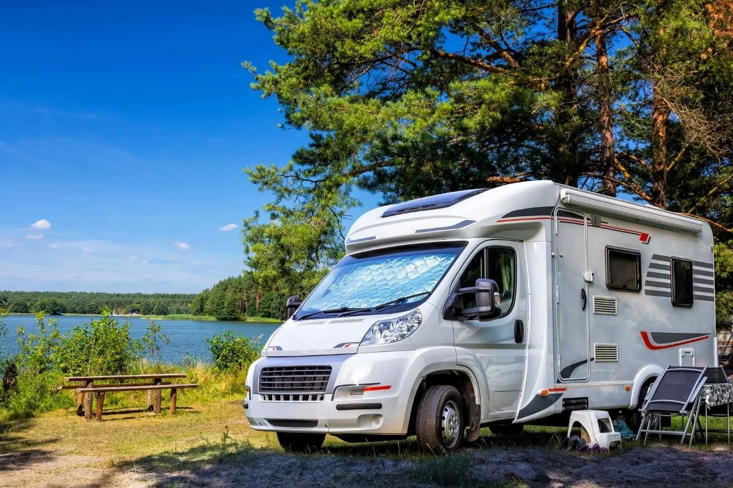 A white camper van parked near a lake with a scenic view of trees and blue sky.