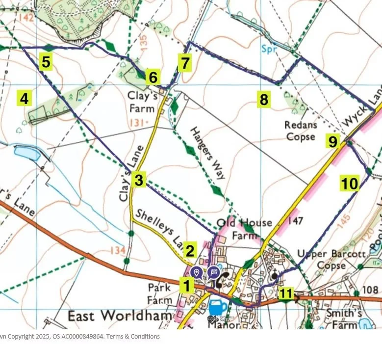 Detailed map of East Worldham and surrounding areas, showing roads, farms, woods, and pathways, with numbered markers from 1 to 11 indicating key locations.