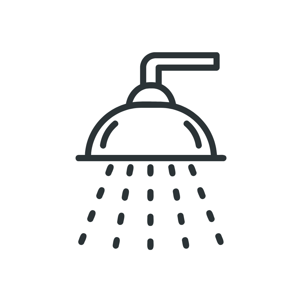 Line drawing of a shower head with water spraying downward.