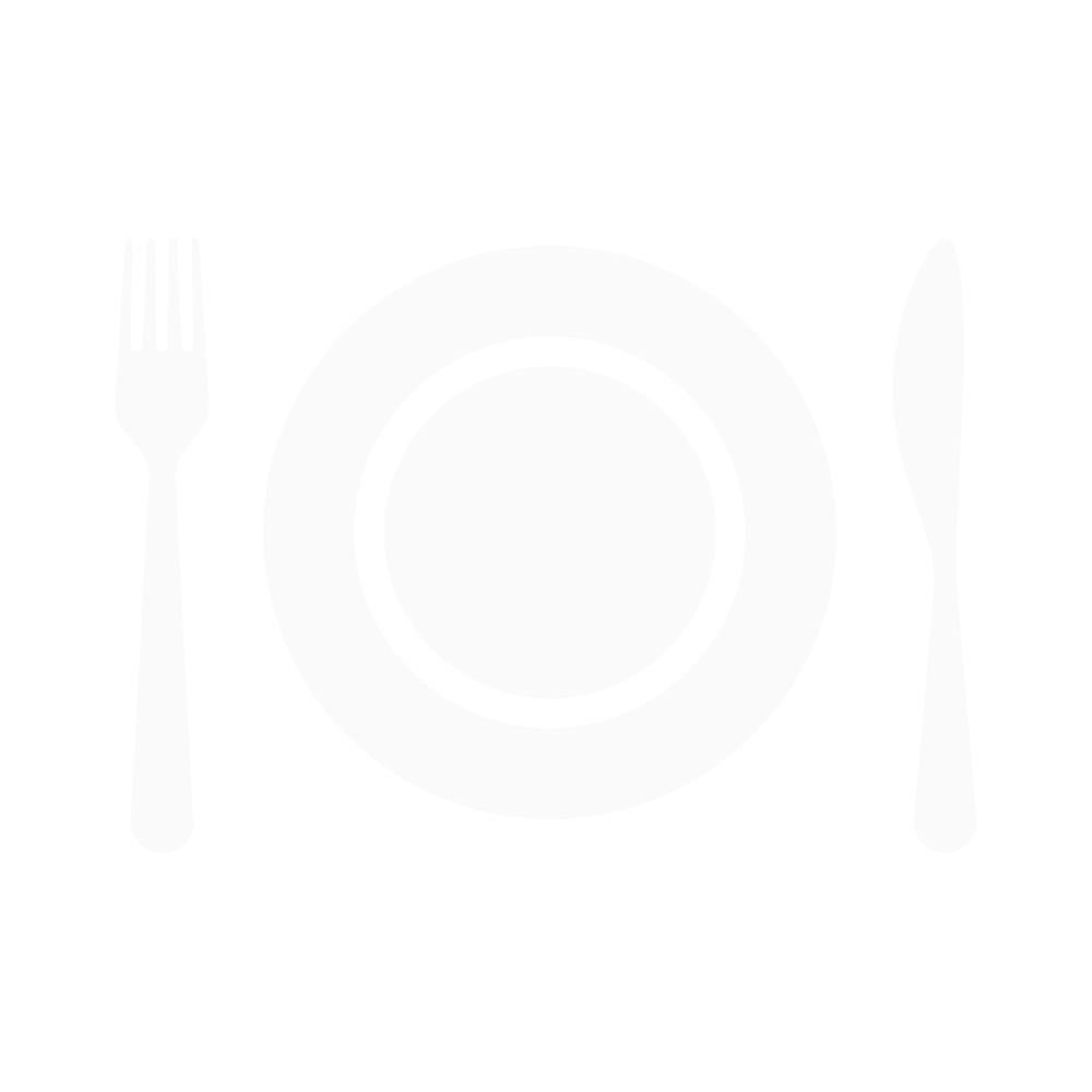 Silhouette of a table setting with a fork on the left, a plate in the center, and a knife on the right, all in white on a black background.