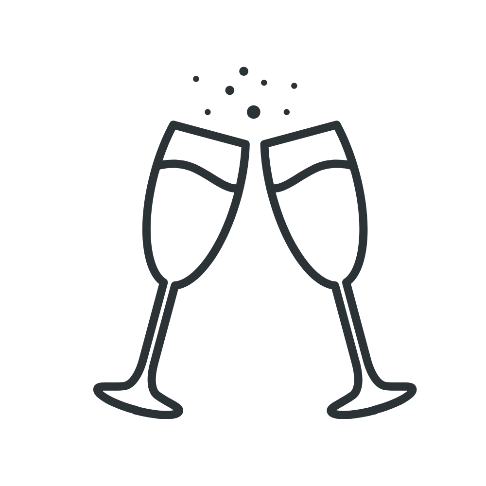 Two champagne glasses clinking in a toast with bubbles above.