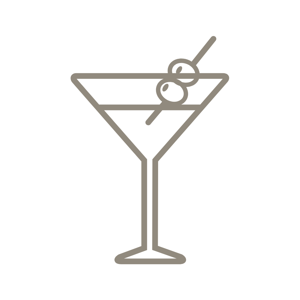 Line drawing of a cocktail glass with an olive and a cocktail pick.