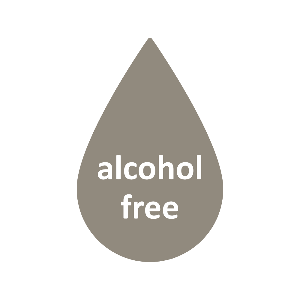 Gray water droplet with black text that says "alcohol free" on a black background.