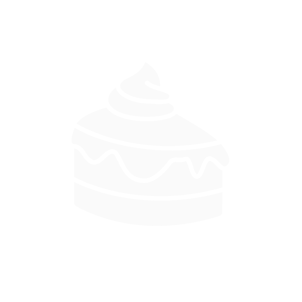 Black and white icon of a slice of cake with a swirl of frosting on top and wavy icing on the side.