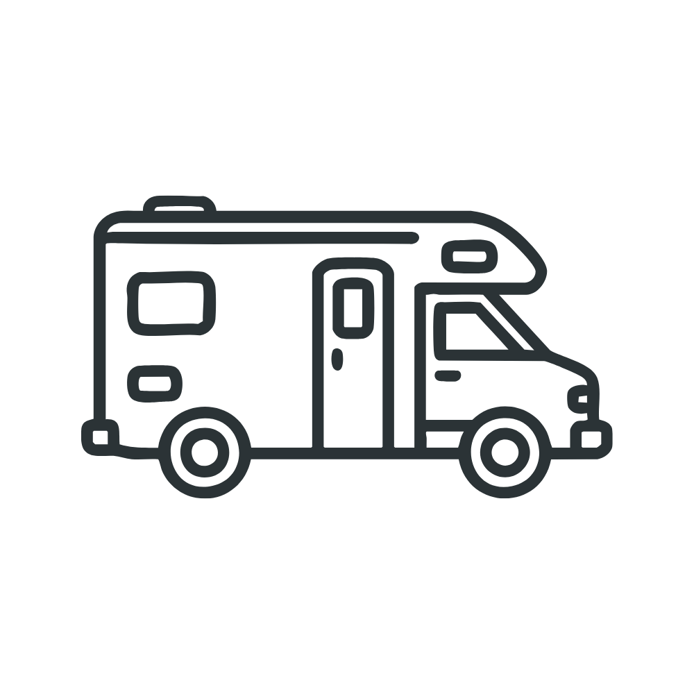 Line drawing of a recreational vehicle or camper van.