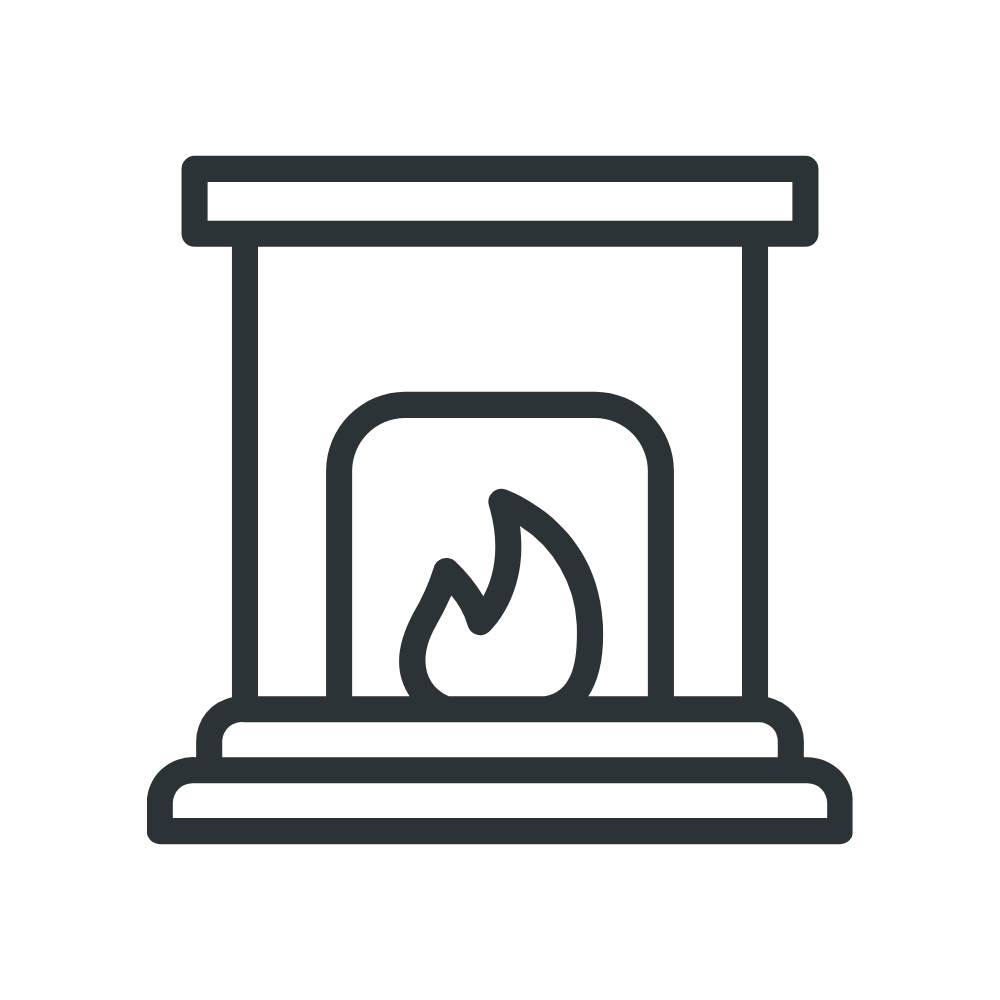 Outline drawing of a fireplace with a fire inside.