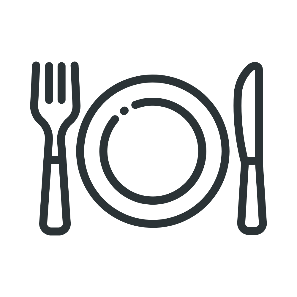 Outline of a plate with fork on the left and knife on the right, arranged to suggest a dining setting.