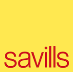 Savills logo with yellow background and red text.  retail research. leisure research