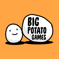 Illustration of a smiling potato character next to a rock with the text 'Big Potato Games' written on it, on an orange background. packaging testing