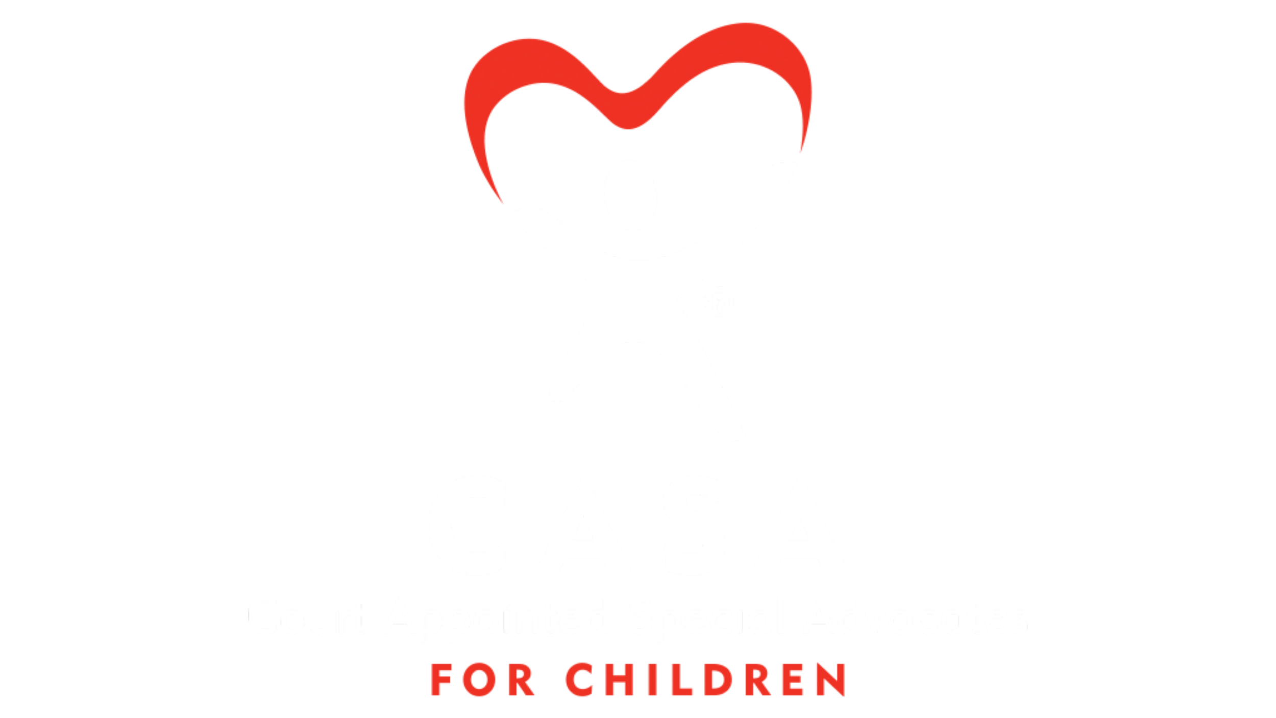 Logo for CASA, Court-Appointed Special Advocates, featuring a white figure with raised arms holding a red heart overhead, and red and purple text that reads 'FOR CHILDREN'.