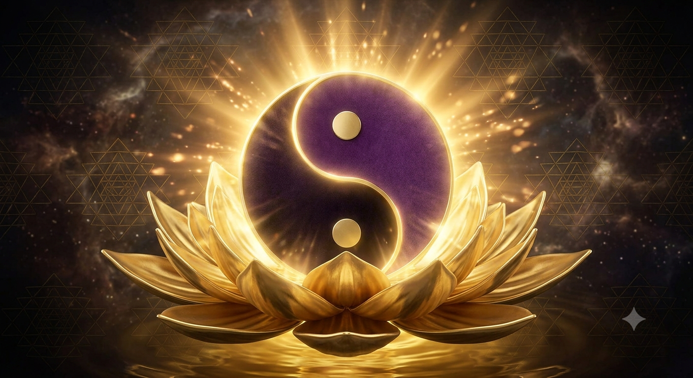 A glowing yin-yang symbol in purple and black, surrounded by golden light and sitting on a golden lotus flower against a cosmic background with geometric patterns.