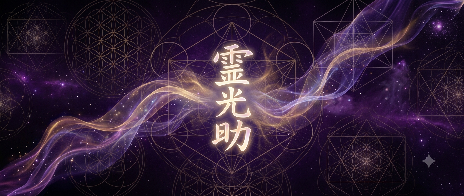 Faint glowing Japanese characters, likely conveying spiritual or mystical meaning, surrounded by geometric patterns and cosmic background with stars and nebulae, featuring flowing light trails.