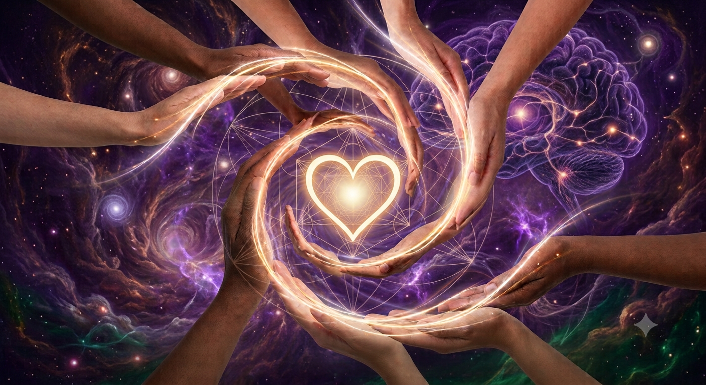 Multiple hands forming a heart shape around a glowing heart symbol in a cosmic background.