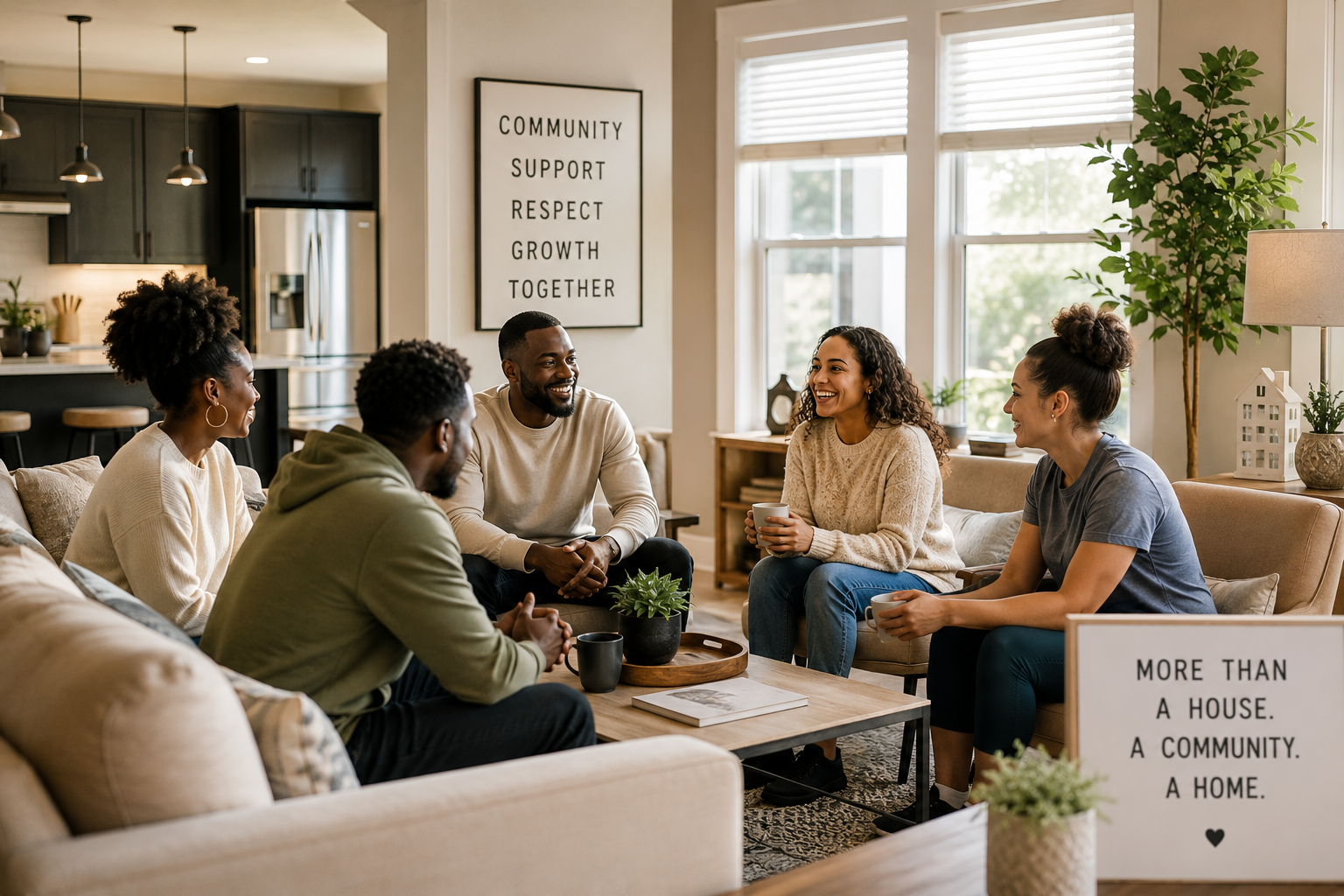 Five people sitting on sofas and armchairs in a bright living room, engaged in conversation and smiling, with a kitchen in the background. There are signs with words like 'Community, Support, Respect, Growth, Together' and 'More than a house. A community. A home.'