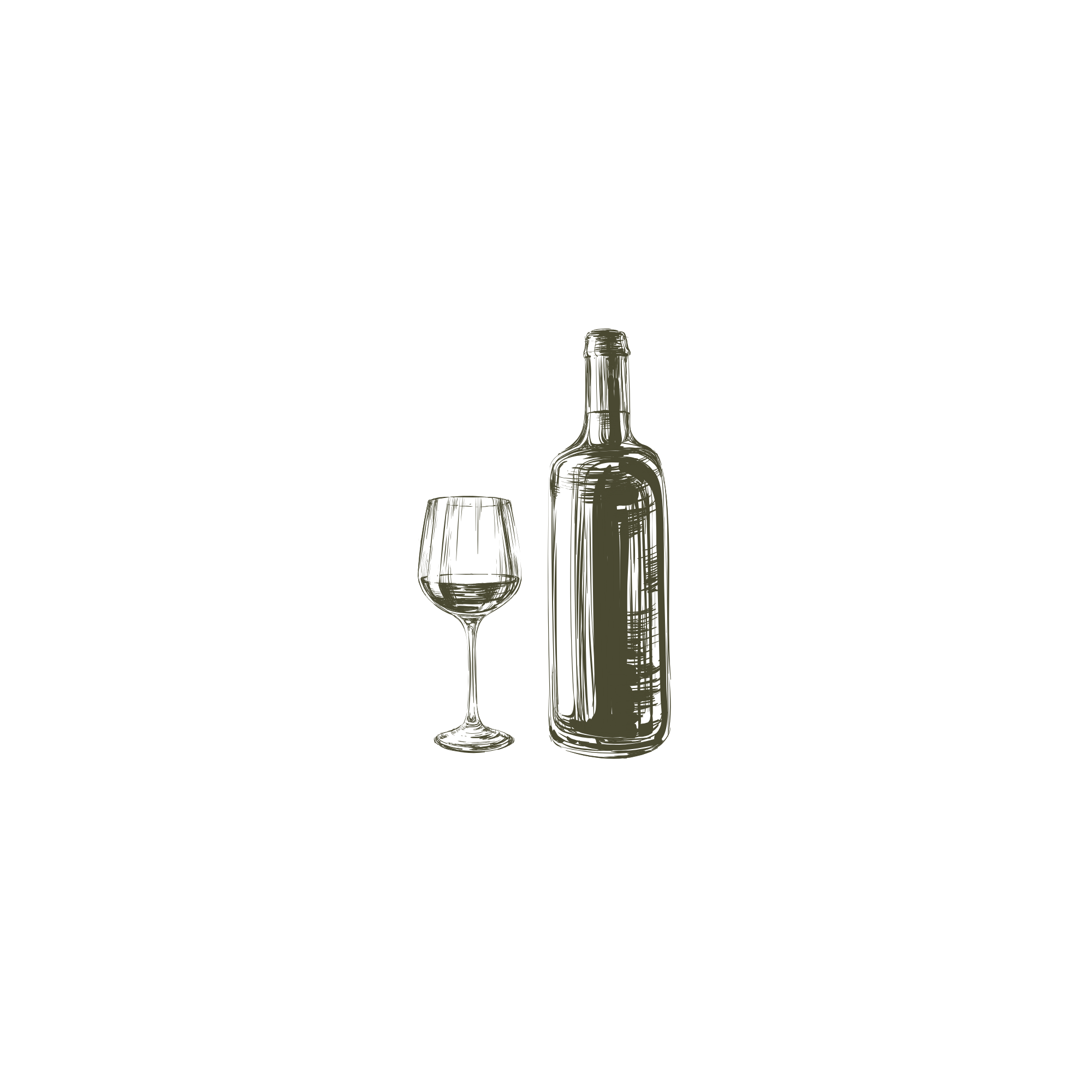 Line drawing of a bottle of wine and a wine glass