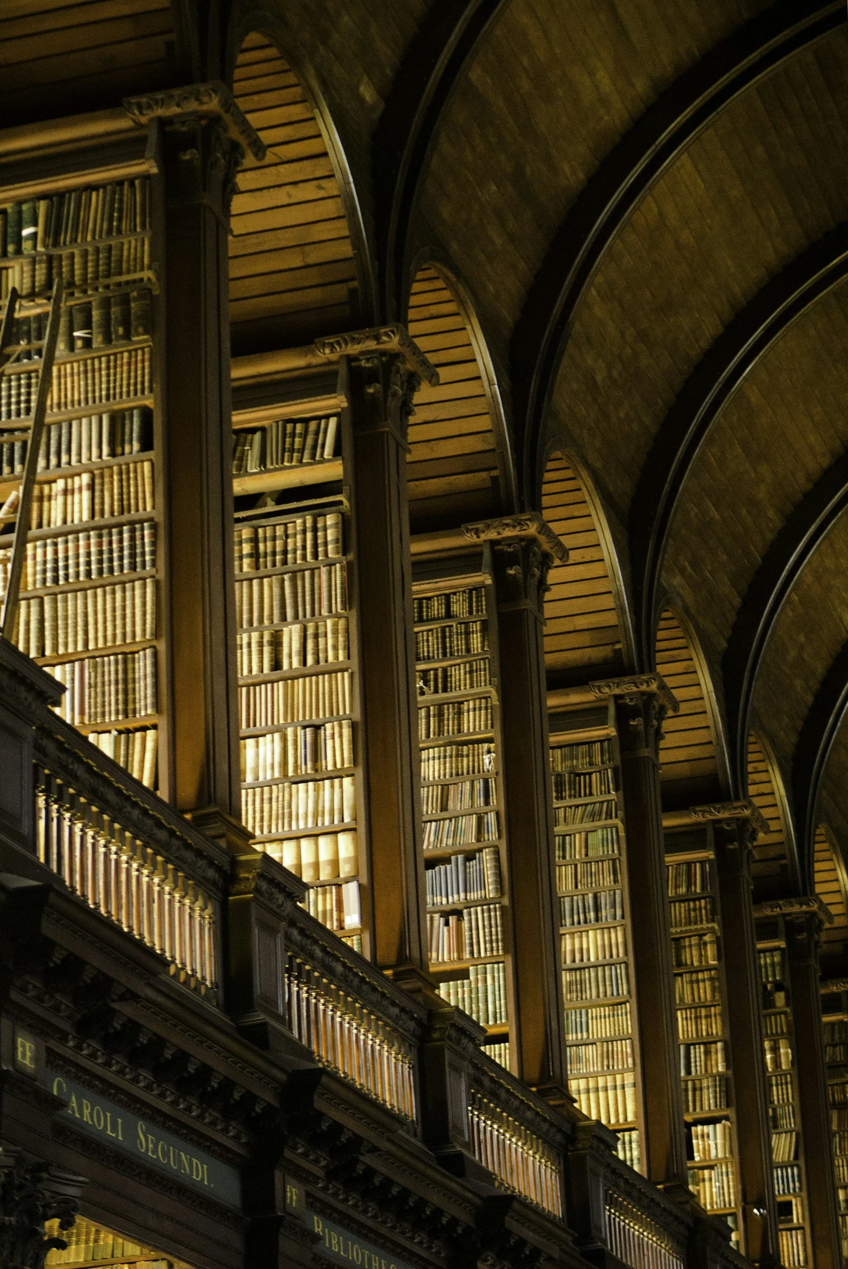 Tall wooden bookshelves filled with old books in the library of Trinity College Dublin with high arched ceiling.