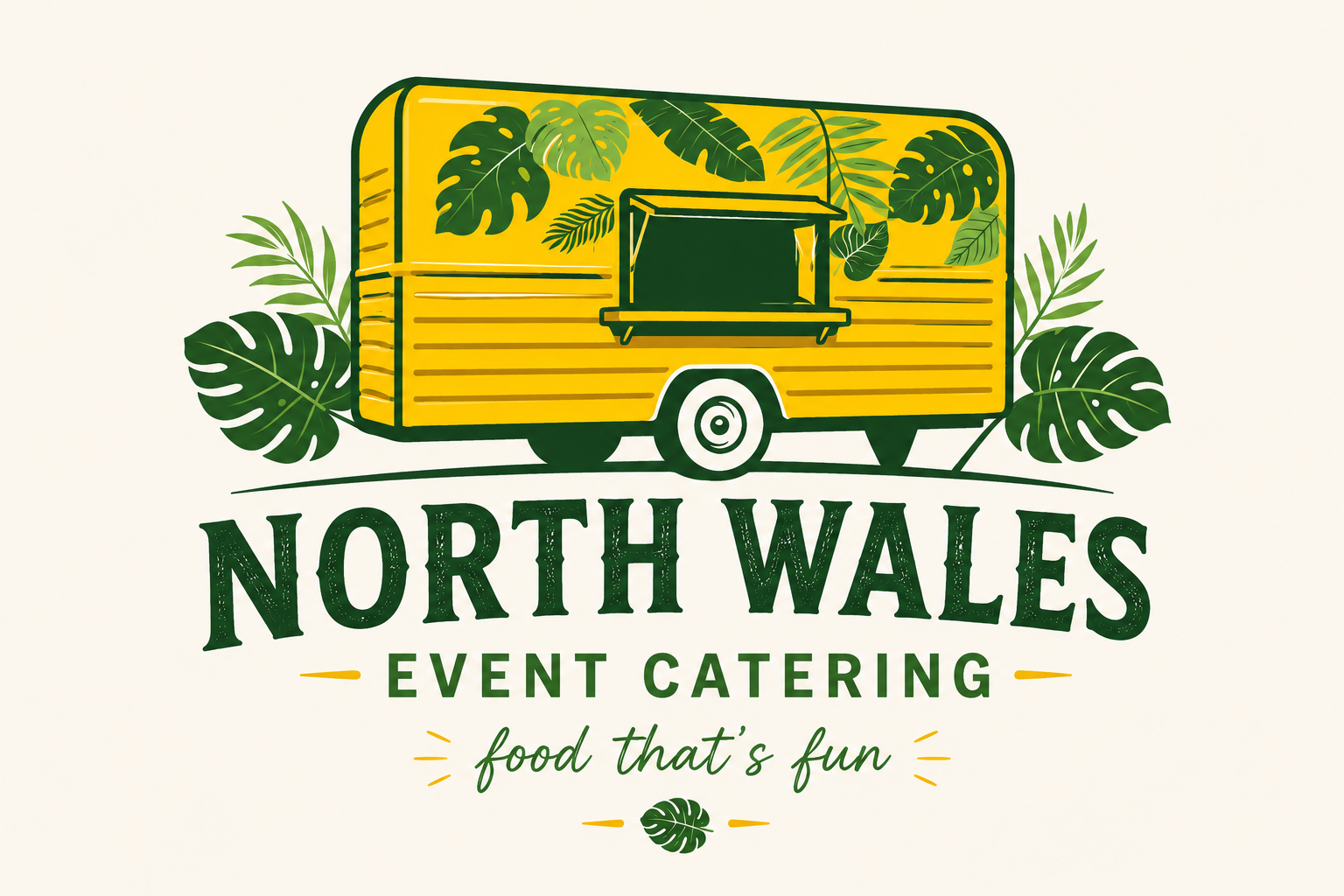 Logo for North Wales Event Catering featuring a yellow food truck decorated with tropical leaves, and the text "North Wales Event Catering" with the tagline "food that's fun."