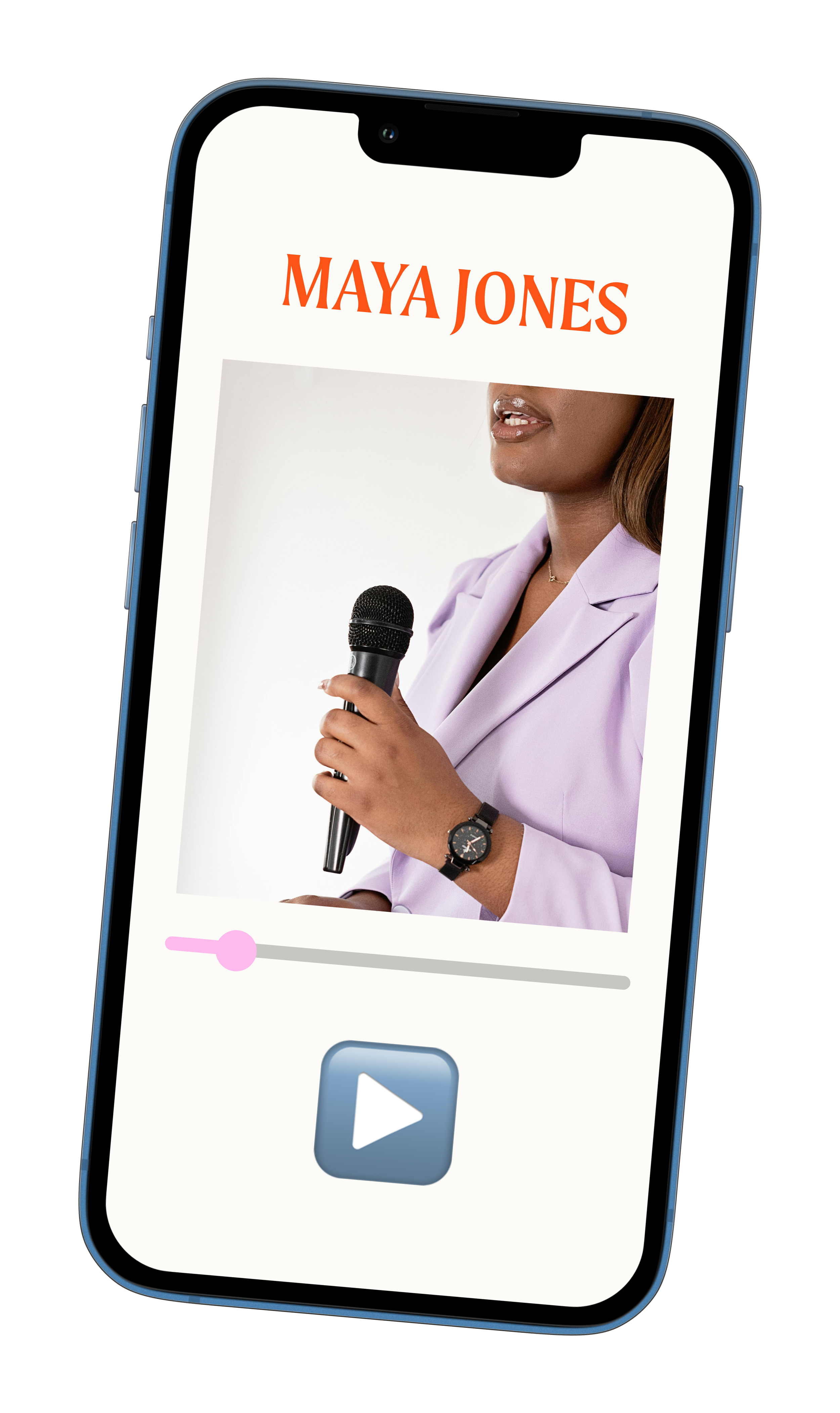 A smartphone screen displaying a video of a woman wearing a light purple blazer, holding a microphone, with the text 'MAYA JONES' in bold orange letters at the top.