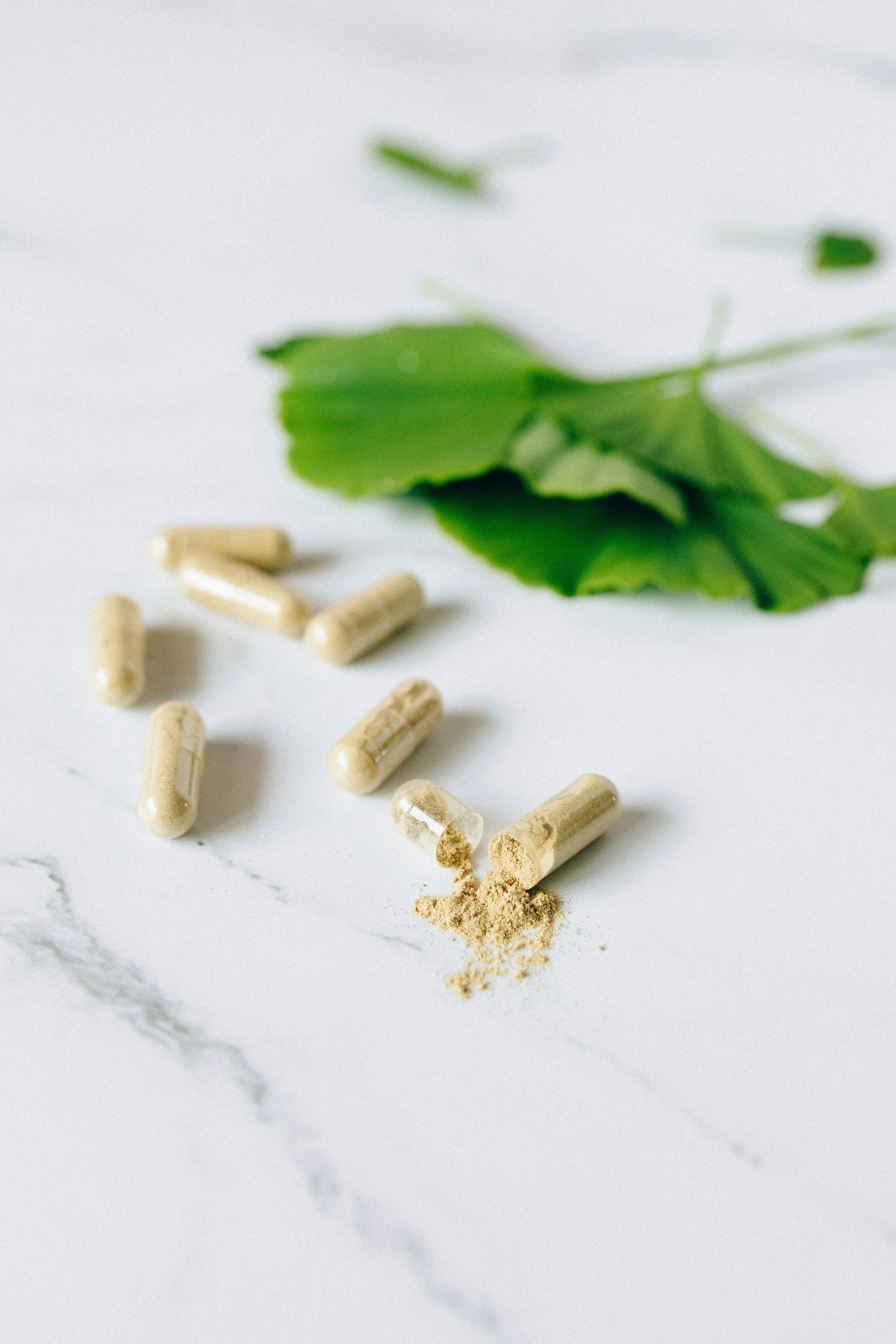 Herbal supplement capsules spilled on white marble surface with green leaves