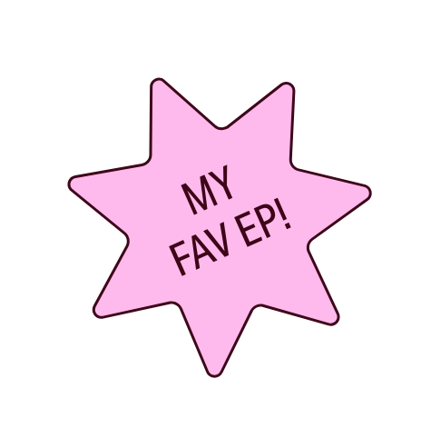 Pink starburst shape with the text "MY FAV EP!" on a black background.
