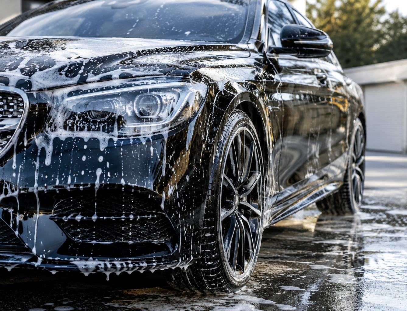 Black luxury sedan car being washed, covered in soap suds, with a clean shiny surface and water on the ground.