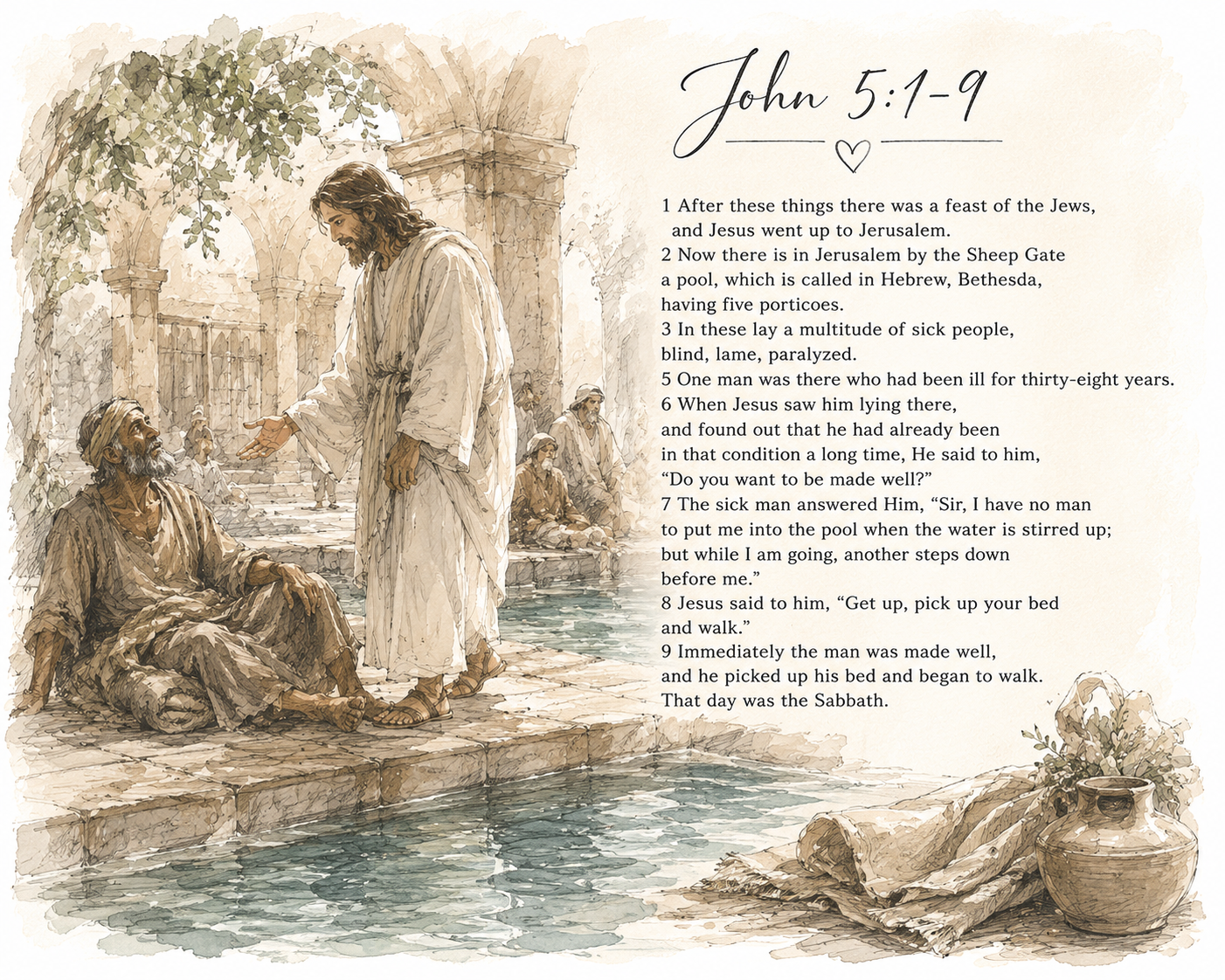 Illustration of Jesus healing a man by a pool, with other people in the background, alongside a passage from John 5:1-9.