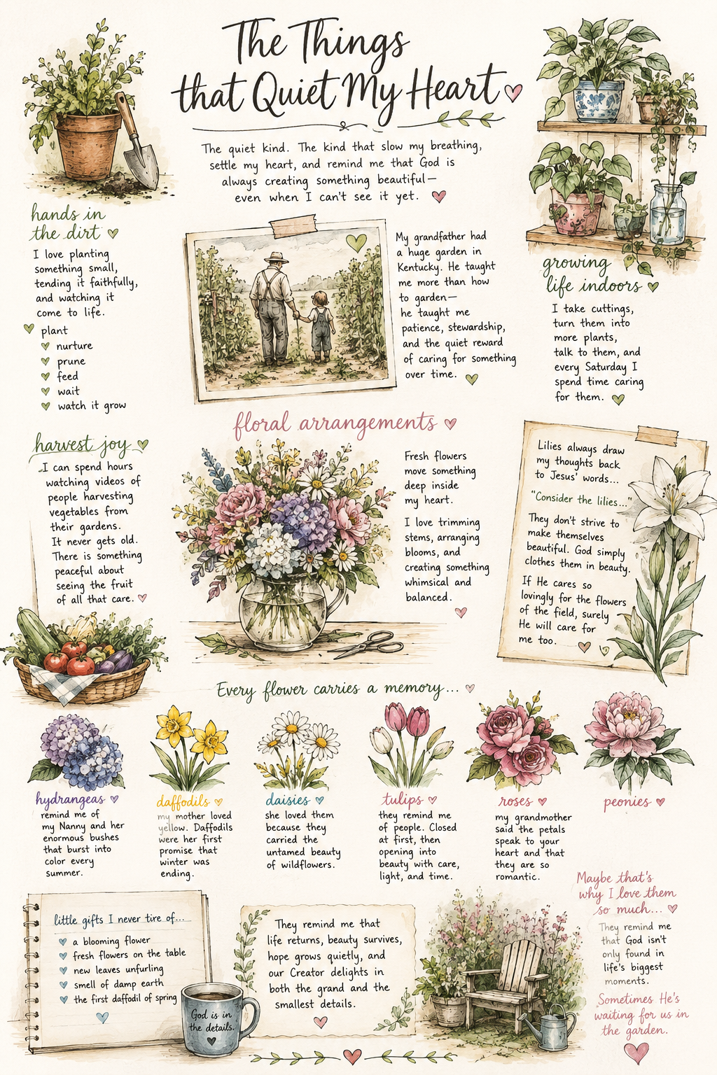 A decorative page with illustrations and text about gardening and flowers, including potted plants, garden scenes, and various flowers with descriptions.