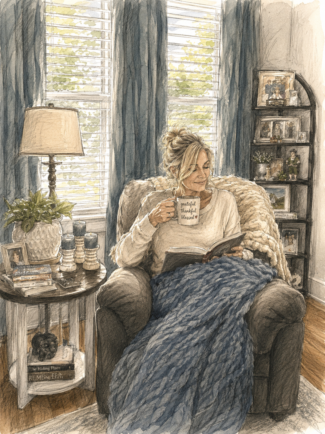 A woman sitting in a cozy living room, reading a book and holding a mug that says 'grateful thankful blessed.'