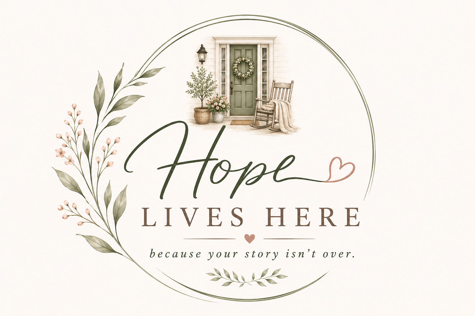 Decorative sign with a home illustration, floral accents, and the words 'Hope LIVES HERE because your story isn’t over.'