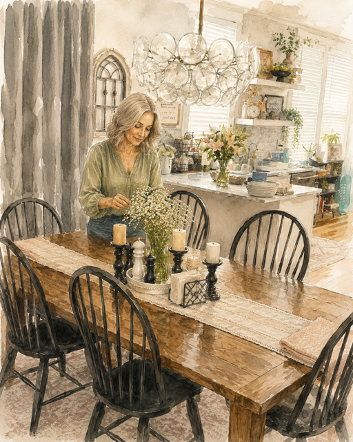 A woman with gray hair, wearing a green blouse, is arranging flowers in a vase on a wooden dining table. The table is decorated with a beige table runner and candle holders. The dining area features a modern chandelier, black chairs, and a cozy kitchen space in the background with white cabinetry, shelves, and various kitchen items.