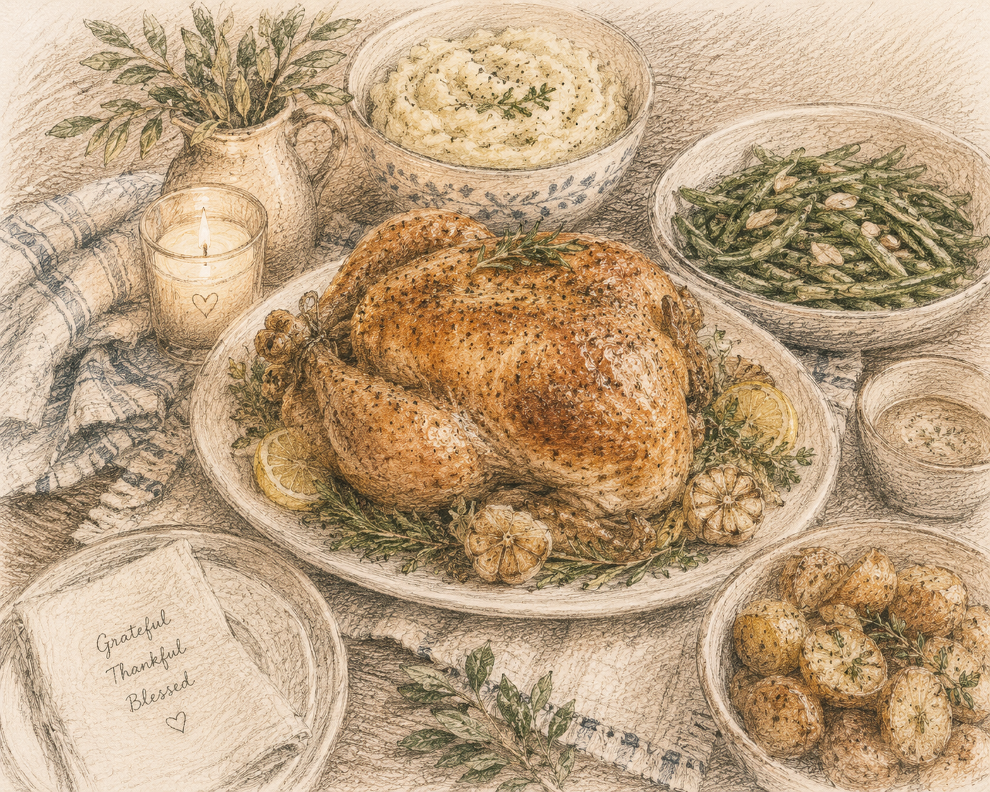 A thanksgiving dinner setup with a roasted turkey on a platter, surrounded by bowls of green beans, mashed potatoes, potatoes, and lemon slices, with a lit candle, a sprig of herbs, and a card with "Grateful, Thankful, Blessed" written on it.