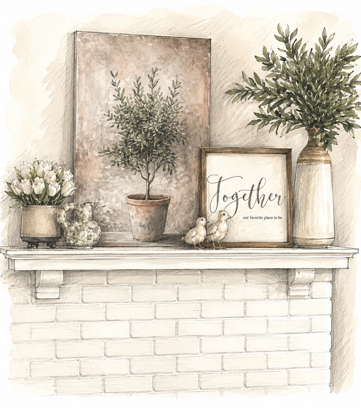 Decorative shelf with potted plants, a framed sign that says "together," white flowers in a vase, and two small ceramic ducks on a brick fireplace mantel.
