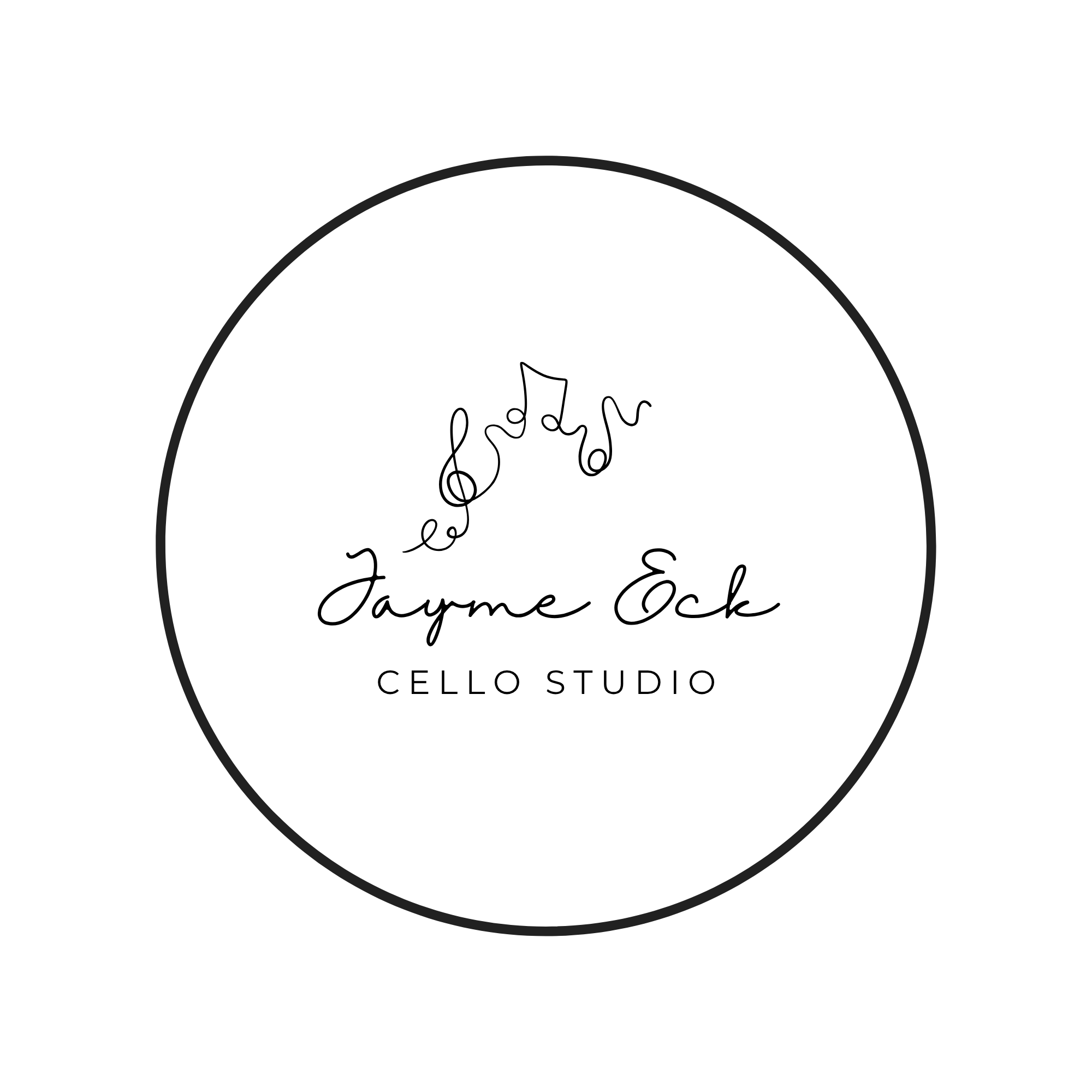 Logo for Jayme Eck Cello Studio featuring a circular design with musical notes and stylized text.