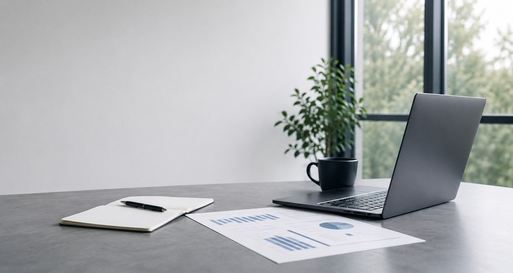 Minimalist workspace with a closed laptop, an open notebook with a pen, printed charts, a black coffee mug, and a potted plant on a gray desk near large windows with a view of trees.