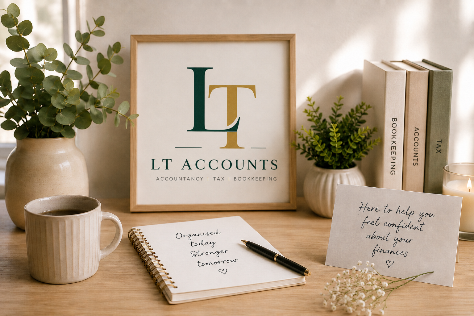 Office desk with a framed sign reading "LT Accounts," potted plants, a cup of coffee, a notebook with a handwritten note, and a card with a motivational message.