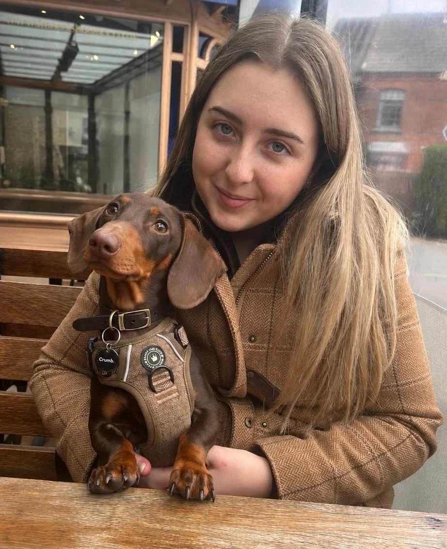 A young woman with long blonde hair sitting at a wooden table, holding a brown and tan dachshund dog wearing a harness, both looking at the camera inside a restaurant or cafe with large windows and outdoor views.