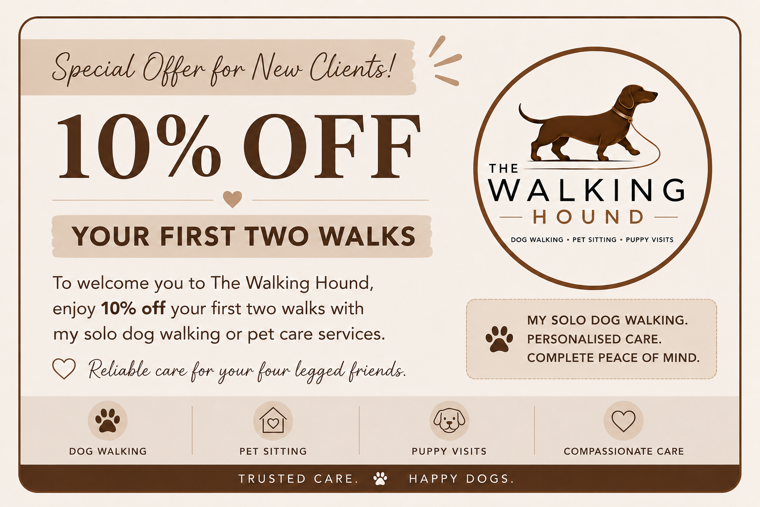 Promotional flyer for The Walking Hound dog walking and pet care services offering 10% off first two walks for new clients, featuring a logo with a dachshund on a leash, and icons for dog walking, pet sitting, puppy visits, and compassionate care.