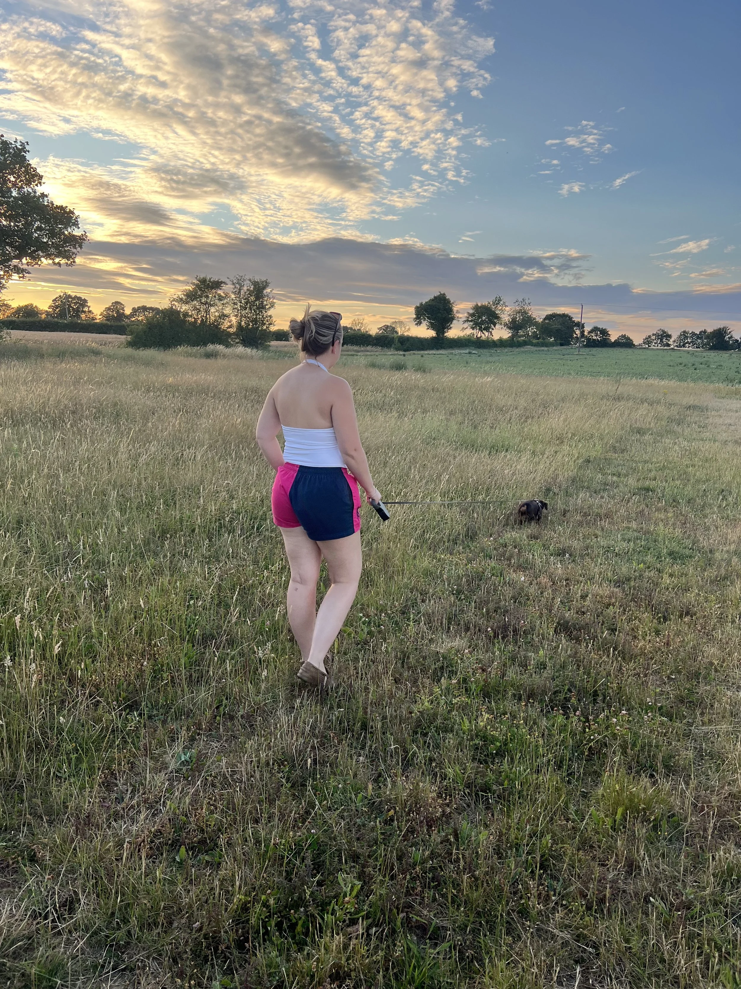 A woman in a white tank top and pink and black shorts walks a small dog on a leash through a grassy field at sunset, with trees and a partly cloudy sky in the background.