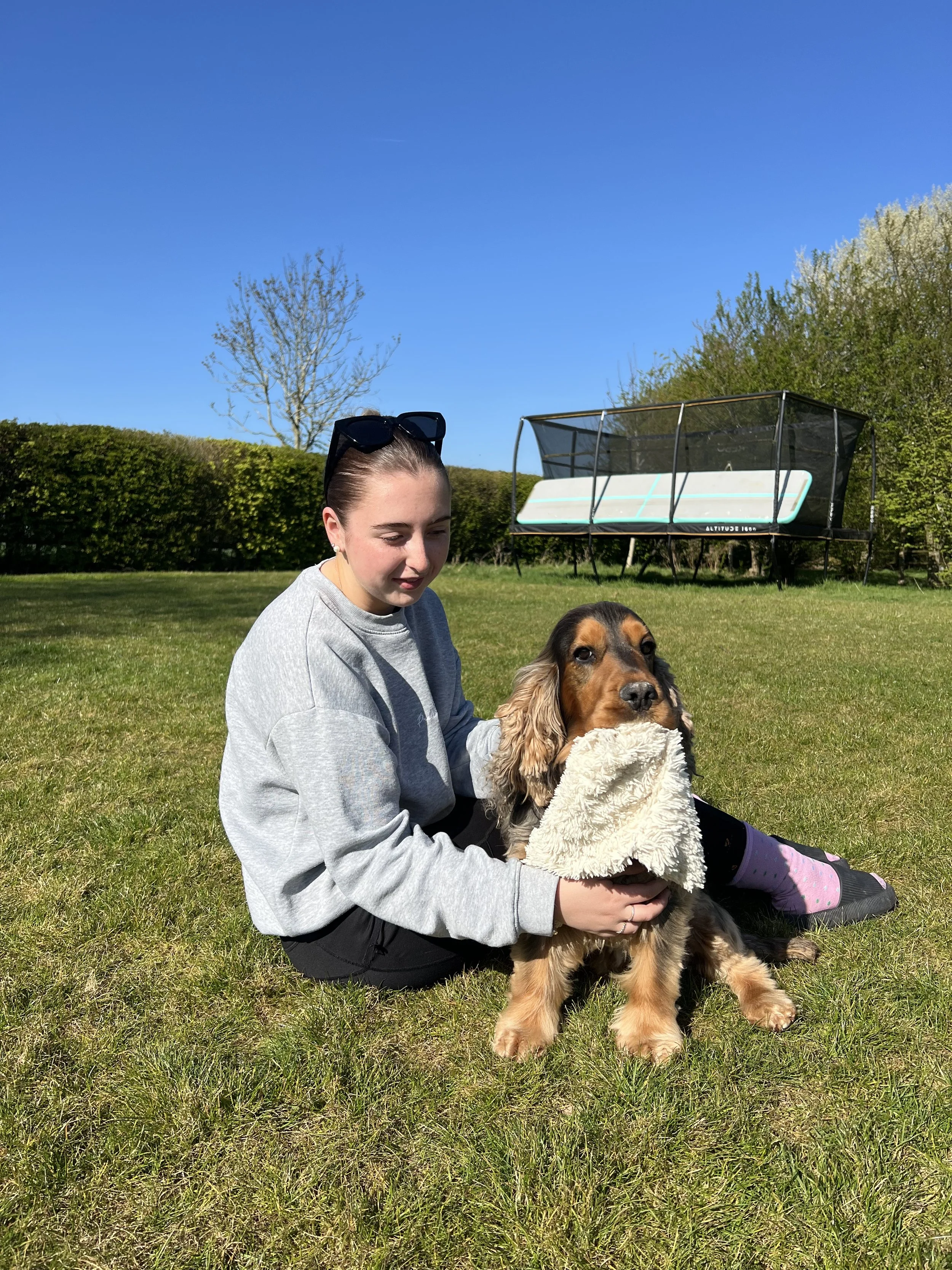 A young woman sitting on grass outdoors with a large brown and black dog wearing a fleece blanket. The woman has sunglasses on her head and is wearing a gray sweatshirt and black pants, with a slight smile. In the background, there is a trampoline, g