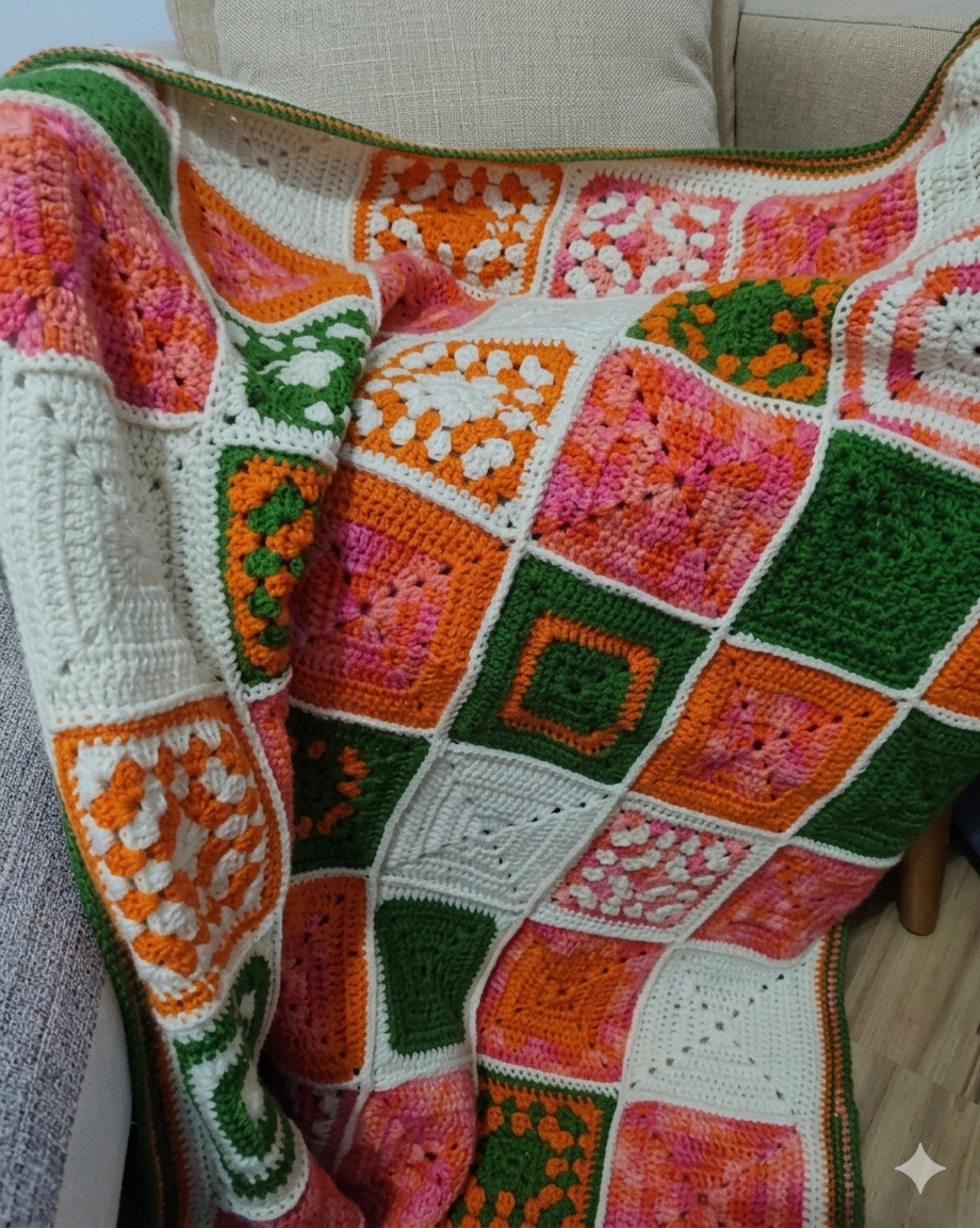 Manta feita a mão, em crochê, em granny square, para escritório ou home office. Peça única. Sob encomenda.