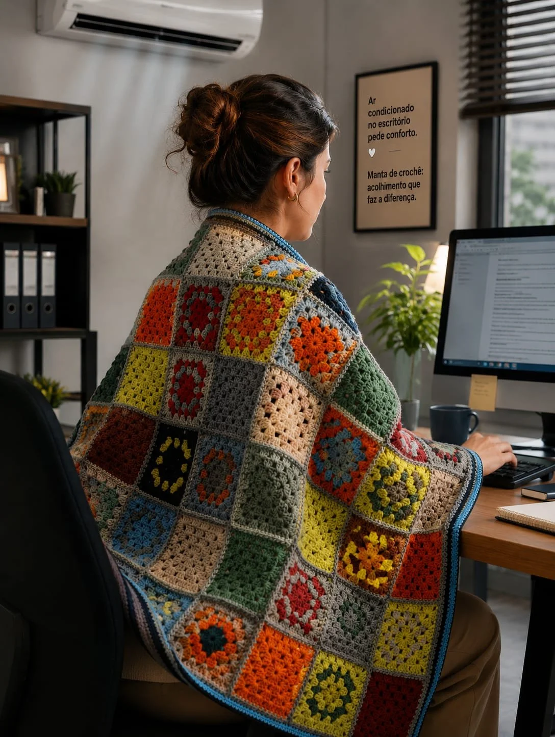 Manta em crochê, feita a mão, em granny square, para escritório e home office. Peça única. Sob encomenda.