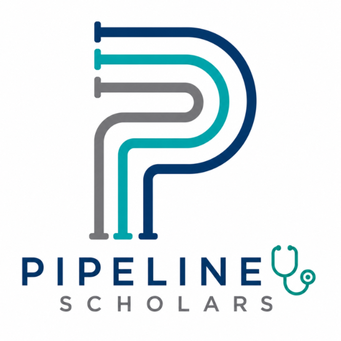 Logo for Pipeline Scholars featuring a stylized letter P made of four pipeline pipes in blue, teal, gray, and navy, with a stethoscope incorporated into the design, and the text 'PIPELINE SCHOLARS' below.